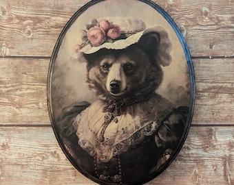 Miss Bear Victorian Portrait - Vintage Style Animal Wilderness Cabin Wall Art - Wooden Décor Plaque Sign - Handmade photo transfer