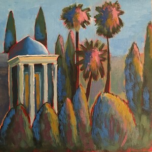 Palms of Shiraz - Landscape acrylics on canvas panel, 30x30 cm (original, expressive, handmade)