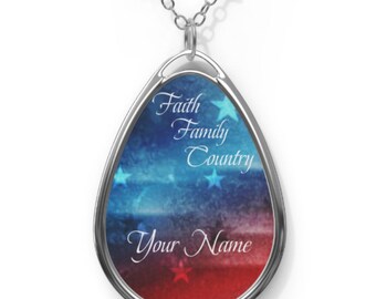 Personalized Oval Pendant Necklace: Faith, Family, Country Theme