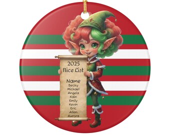 Personalized Ceramic Ornament, Santa's Nice List Christmas Decoration, Holiday Gift, Xmas Tree Ornament, Elf Holding List