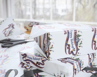 Christmas Wrapping Papers, Small Town Patriotic Vintage Holiday Gift Wrap, Festive Xmas Present Wrap, Red White Blue Decorative Paper,