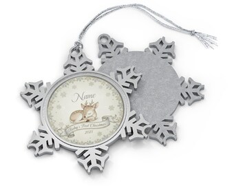 Ornament, Personalized Baby 1st Christmas Pewter Snowflake with Deer, Holiday Gift, Christmas Tree Decoration, Custom Name, Baby's First
