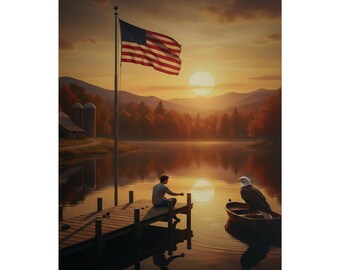 Poster Print, Wall Art Decor for Lake House, Sunset Pier American Flag Bald Eagle Country Life, Rolled Artwork Gift, Patriotic Home