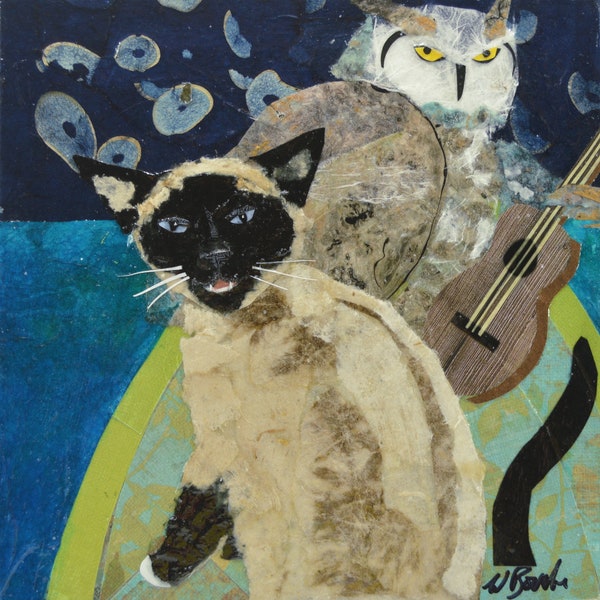 Owl and the Pussycat, Wendy Boucher fine art print, 10x10", cat, owl