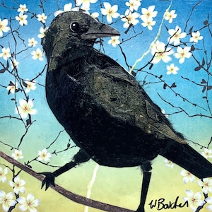 Blossom Crow by Wendy Boucher, mounted wee fine art print (not a cheap poster) 6x6”, ready to hang