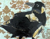 Paper collage art, Gold Crow, 6x6”, by Wendy Boucher, ready to hang or sit on a shelf