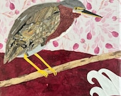 Paper collage art, Green Heron by Wendy Boucher, 12x12" plus frame