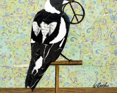 Paper collage art, Choose Peace, original collage by Wendy Boucher, 12x12”, magpie, frame included