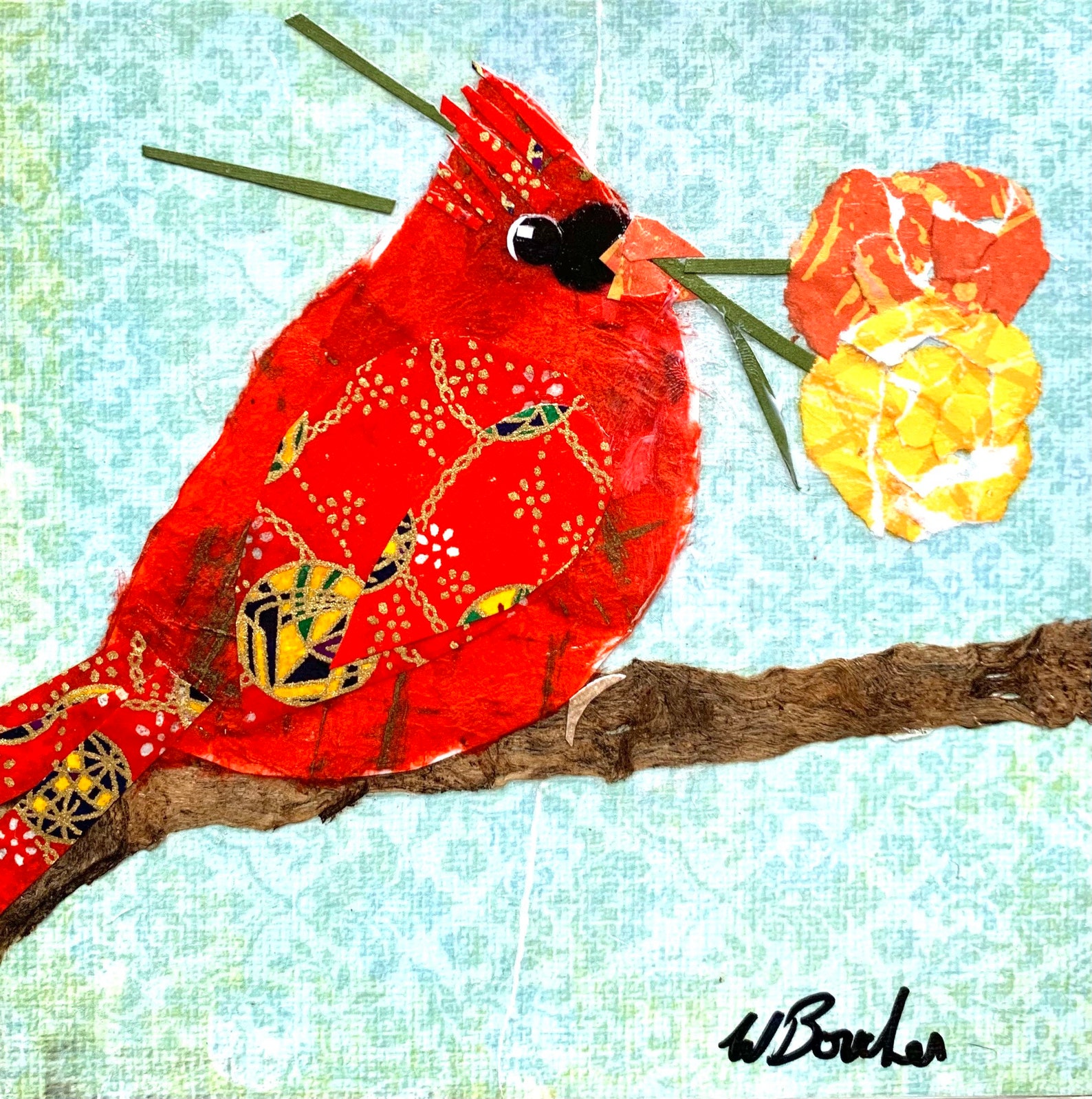 Original Paper Collage Art, Cardinal Flowers by Wendy Boucher, 6x6 ...