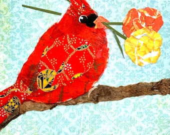 Original paper collage art, Cardinal Flowers by Wendy Boucher, 6x6”