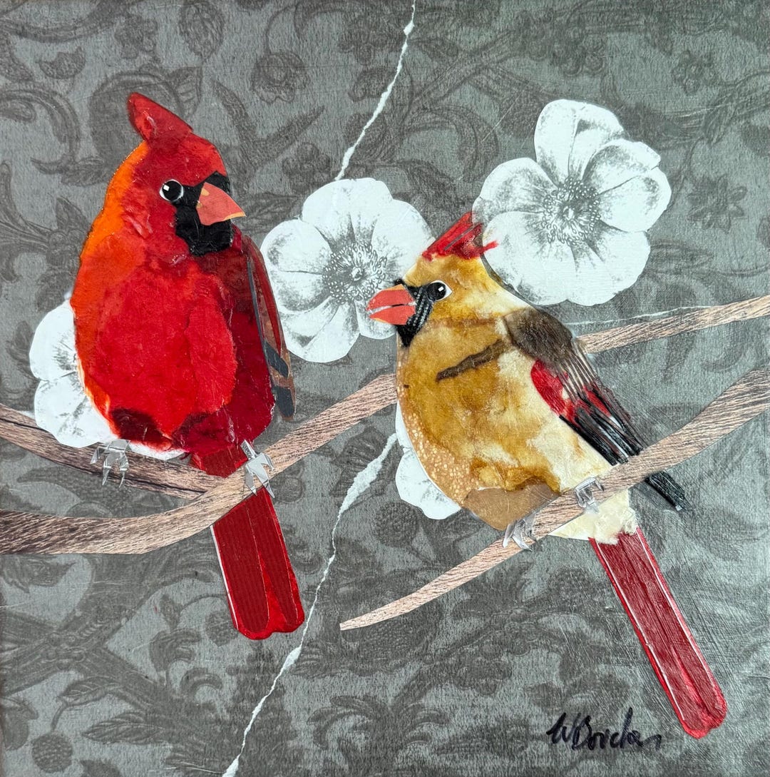 Framed Original Paper Collage, Northern Cardinals by Wendy Boucher ...