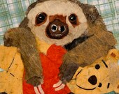 Paper Collage art, Sloth Baby, original collage By Wendy Boucher, Framed collage, 10x10”