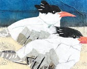 Paper collage art, Two Right Terns by Wendy Boucher, 6x6”, ready to hang or sit on a shelf