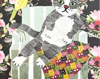 Paper collage art, The Chonk and the Parakeet, original collage by Wendy Boucher, tabby cat, 12x12”, frame included