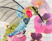 Paper collage art, Hummingbird 6, 6x6”, by Wendy Boucher, ready to hang or sit on a shelf