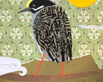Paper collage art, Shorebird by Wendy Boucher, 12x12”, yellow crowned night heron