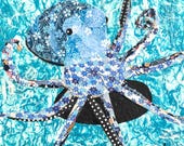 Paper collage art, Blue Octopus by Wendy Boucher, 6x6”, ready to hang