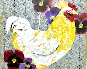 Paper collage art, Spring Chicken, original collage by Wendy Boucher, 12x12”, frame included