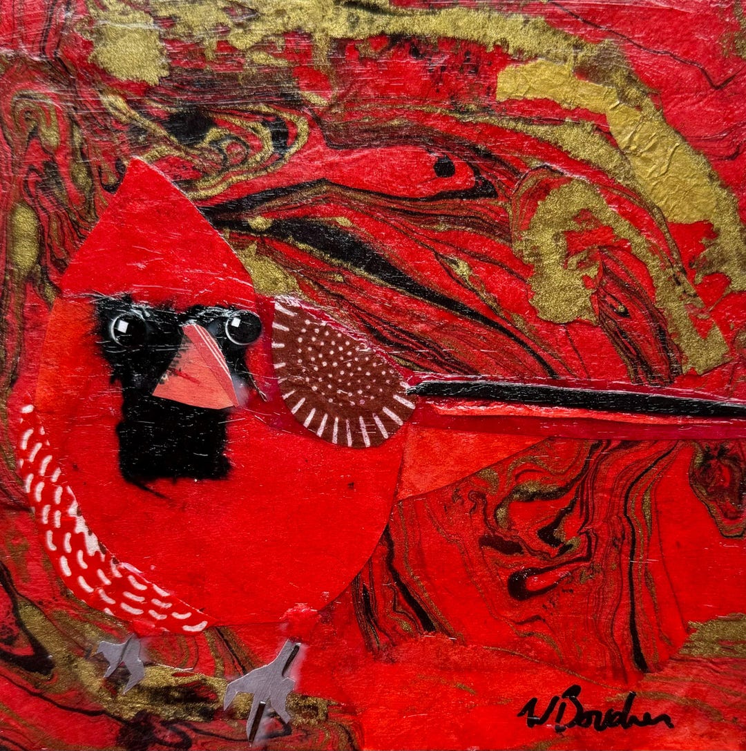 Original Paper Collage Art, Red Cardinal by Wendy Boucher, 6x6”, Ready ...
