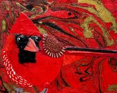 Original paper collage art, Red Cardinal by Wendy Boucher, 6x6”, ready to hang or sit on a shelf