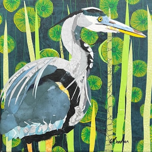 Framed original paper collage, Heron Vibes by Wendy Boucher, 12x12”, ready to hang