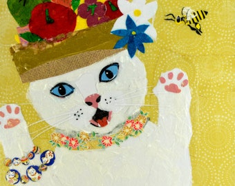 A Fine art print, Carmen Purranda, by Wendy Boucher, cat, 10x10”, Carmen Miranda