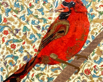 Paper collage art of a Northern Cardinal, by Wendy Boucher