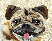 Paper collage art, Wee Little Pug, 6x6” original collage by Wendy Boucher