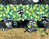 Paper collage art, Raccoon Babies!, original collage by Wendy Boucher, 16x20”, plus frame