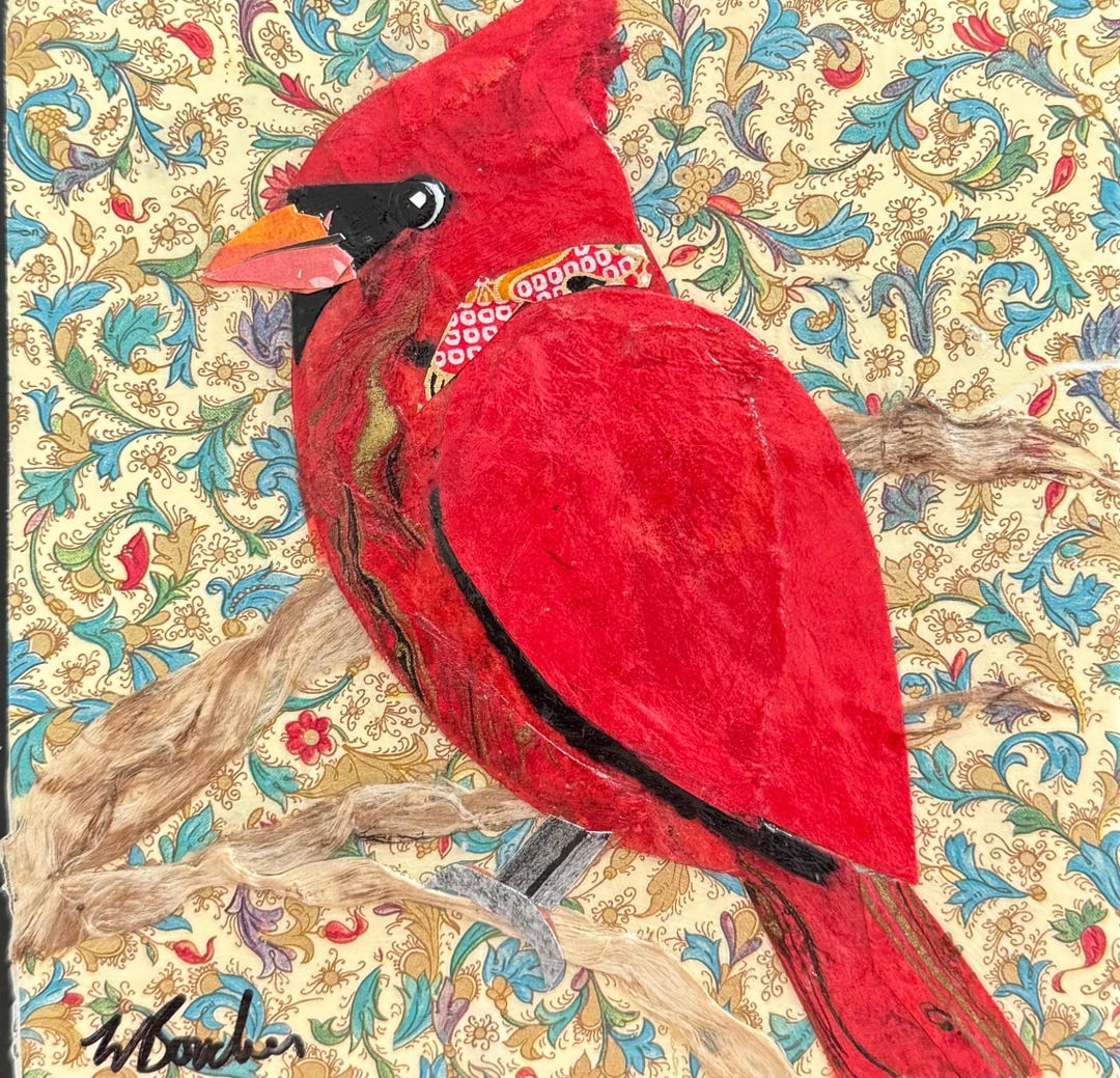 Original Paper Collage Art, Robust Cardinal by Wendy Boucher, 6x6 ...