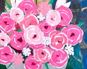 Paper Collage art, Pink Flowers by Wendy Boucher, 10x10" plus frame.