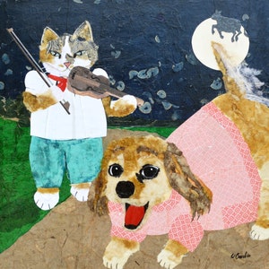 Art Prints by Wendy Boucher, The Little Dog Laughed, collage fine art prints, 10x10", dog, cat, Hey Diddle Diddle