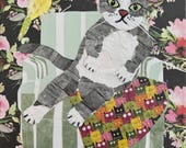 Paper collage art, The Chonk and the Parakeet, original collage by Wendy Boucher, tabby cat, mouse, 12x12”, frame included