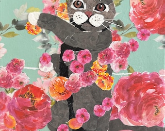 Collage originale su carta incorniciato, Campo di fiori di Wendy Boucher, 12x12”, pronto per essere appeso, gatto