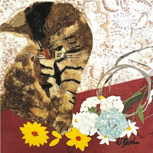 May include: A collage of a brown and black cat with white flowers and green leaves on a red background. The cat is curled up and the flowers are arranged in a bouquet. The artist's signature is in the bottom right corner.