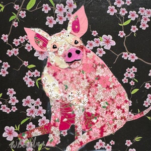 Paper collage art, Pig in Space by Wendy Boucher