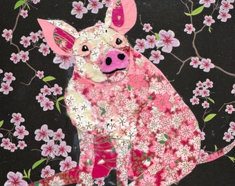 Paper collage art, Pig in Space by Wendy Boucher