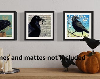 Crow Art print set by Wendy Boucher: Crow, Music Crow, and Blossom Crow. All prints 10x10"