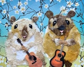 Adorable Paper collage art of two mice with their guitars, Two Princes by Wendy Boucher, 6x6”, ready to hang or sit on a shelf