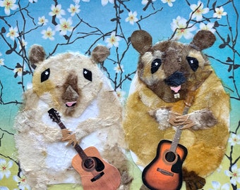Adorable Paper collage art of two mice with their guitars, Two Princes by Wendy Boucher, 6x6”, ready to hang