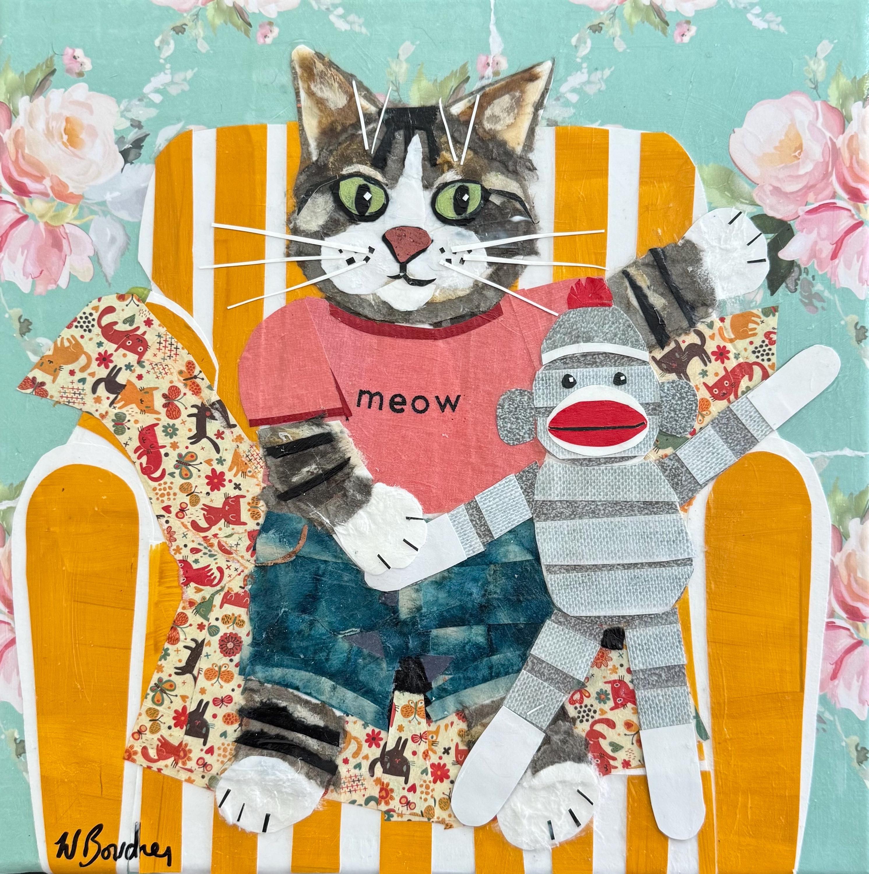 Paper collage art, Monkey Business, original collage by Wendy Boucher, tabby cat, sock monkey, 12x12" plus frame included