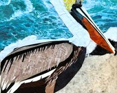 Paper collage art, Brown Pelican by Wendy Boucher, 12x12”