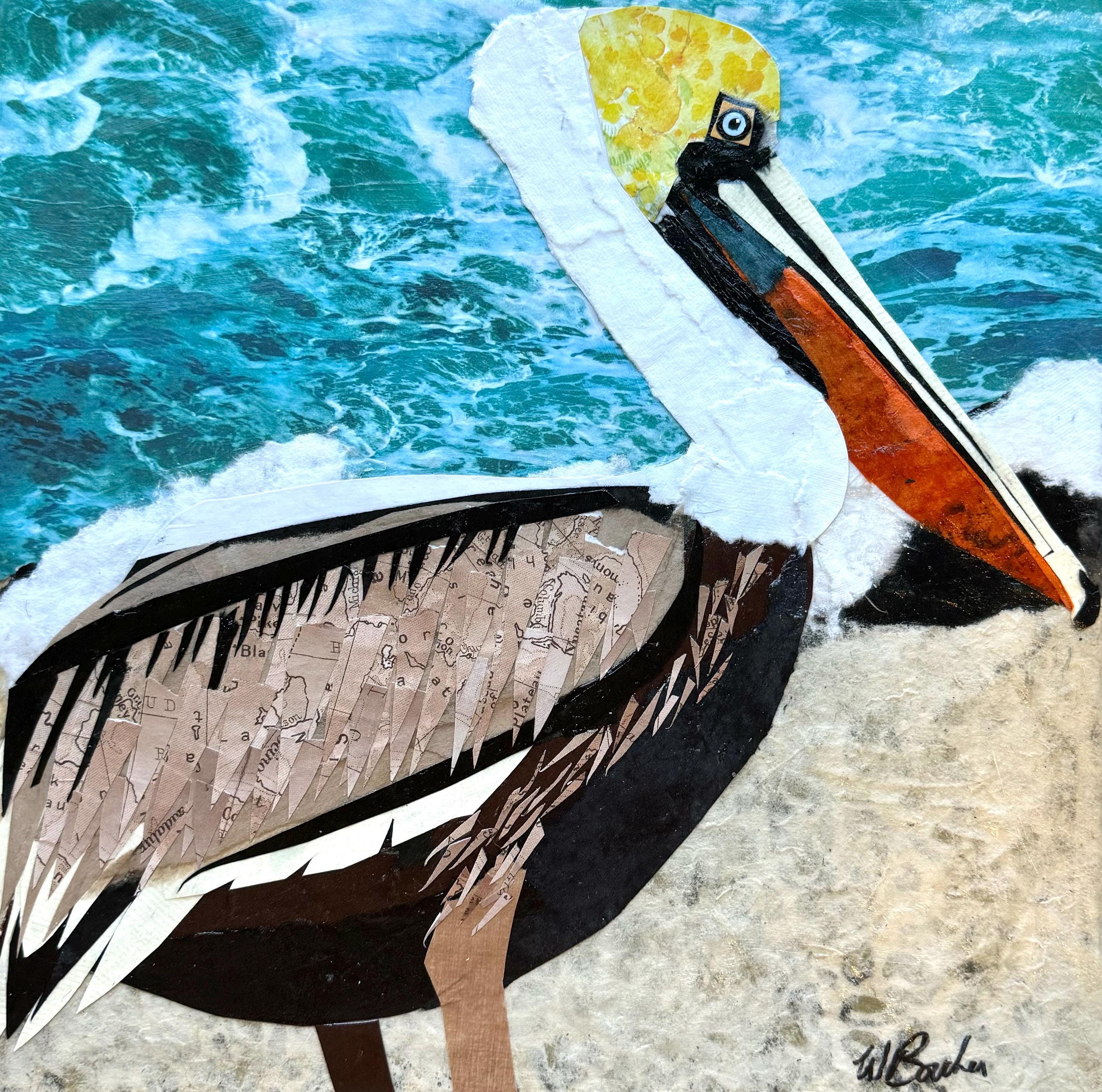 Paper collage art, Brown Pelican by Wendy Boucher, 12x12”