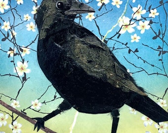 Wee fine art print, Blossom Crow by Wendy Boucher, 6x6”, ready to hang