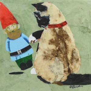 Gnome Tipping, Wendy Boucher fine art prints, cat, Siamese, 10x10&quot; print
