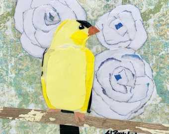 Paper collage art, Yellow Bird, 6x6” original collage by Wendy Boucher