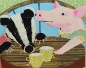 Paper collage art, Teatime with Pig, original collage by Wendy Boucher, UK badger, pig, 12x12”, frame included