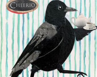 Sweet paper collage art, Cheerio Crow, 6x6”, by Wendy Boucher, ready to hang
