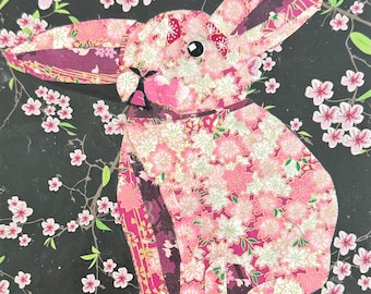 Paper collage art of a pink rabbit, Pink Bun by Wendy Boucher, 6x6”
