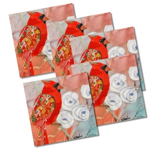 Ensemble de 5 cartes de voeux vierges pliées avec enveloppes, Cardinal avec fleurs blanches par Wendy Boucher, 5 x 5 po.